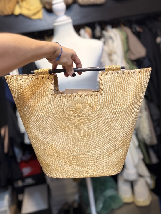 Handbags - Handwoven Straw Tote Bag with Wooden Handles